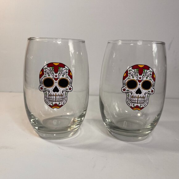 Day of the Dead Stemless Sugar Skull Glass Wine Glasses White Halloween Set/2 - Picture 1 of 2